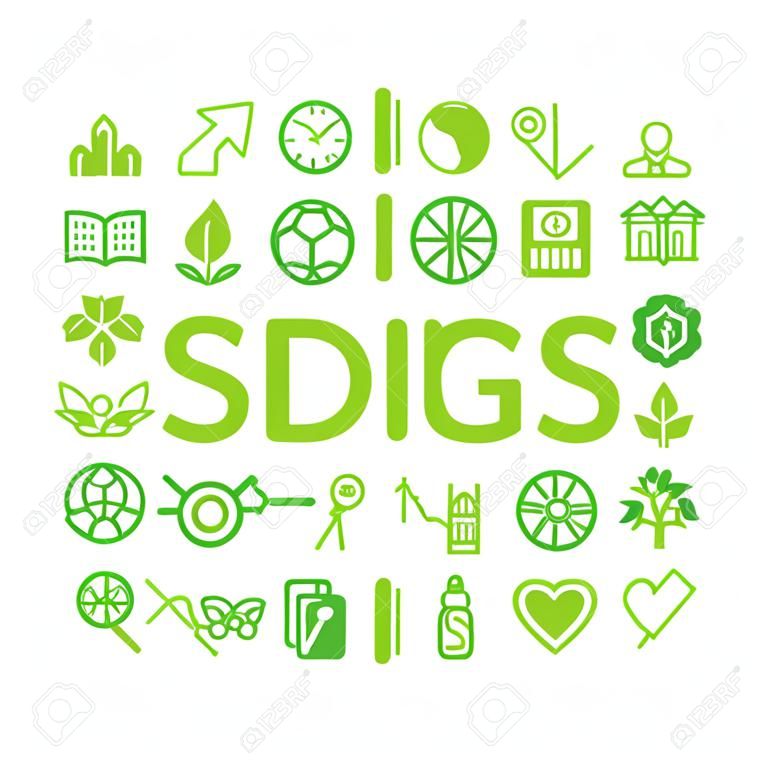 SDGs-Vektorsymbolkarte. Nachhaltige Entwicklungsziele.