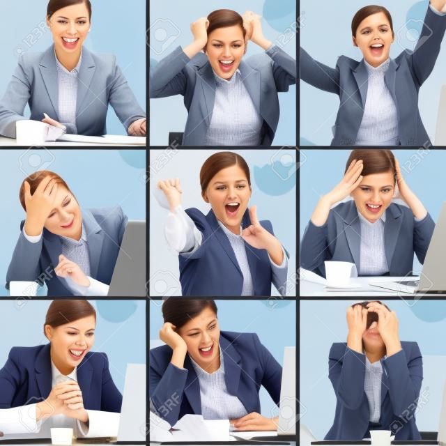 Collage de empresaria en diferentes situaciones durante la jornada de trabajo