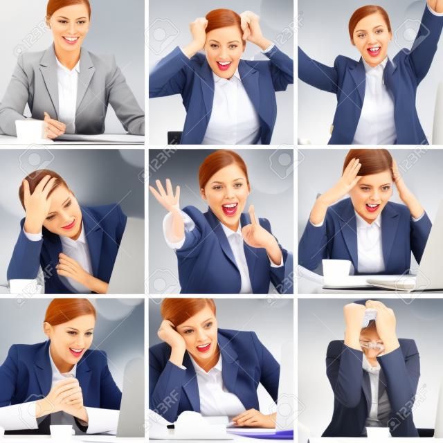 Collage de empresaria en diferentes situaciones durante la jornada de trabajo