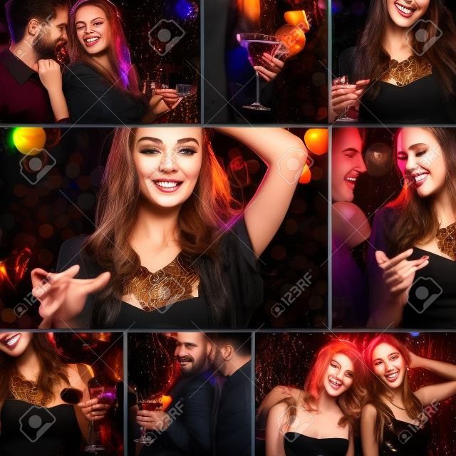 Collage di amici felici avere parte in night club