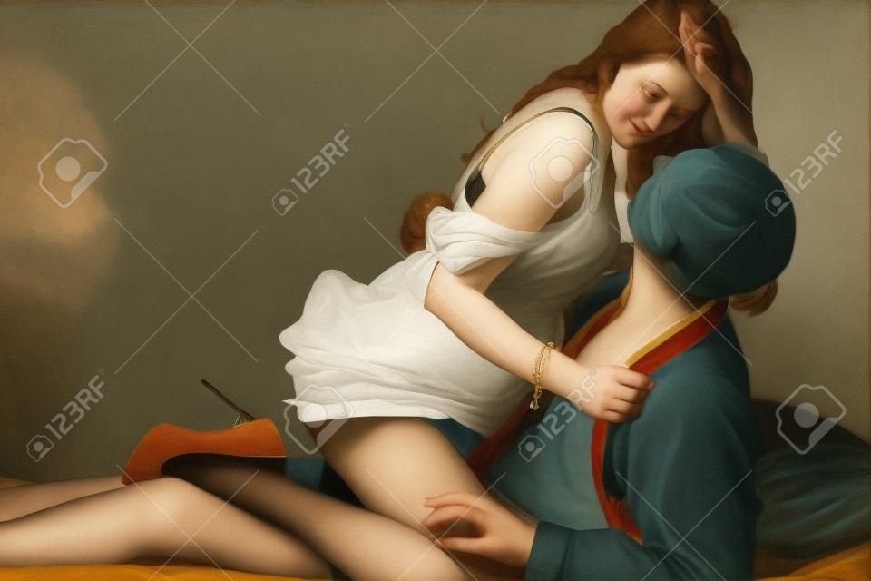 Eine junge Frau, die einen Mann auf dem Bett verlockend