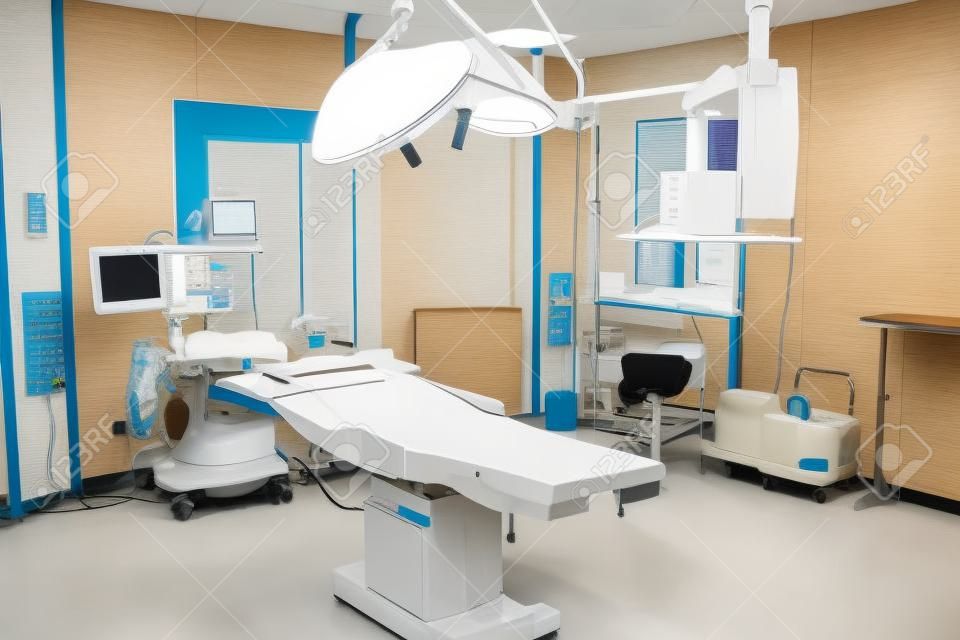 Operation table with large lamps above inside contemporary surgery room with various equipment around
