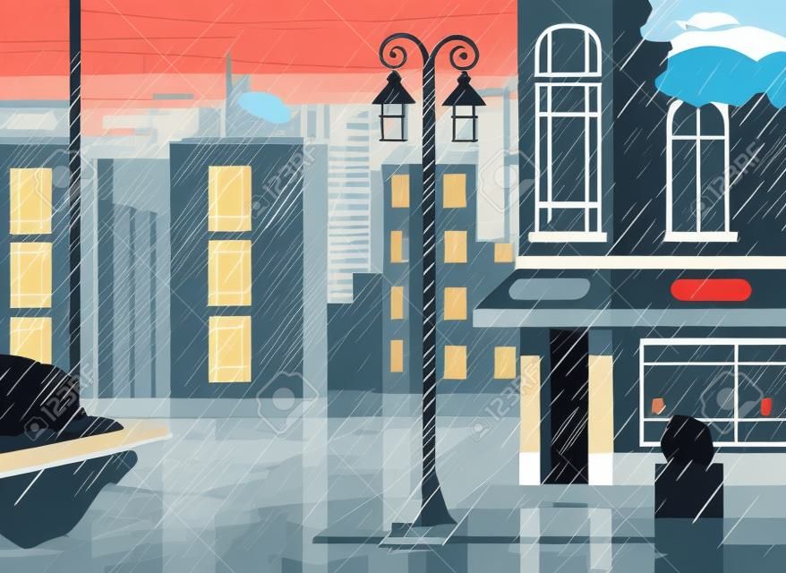 Cidade chuvosa. Ilustração plana do desenho animado do vetor