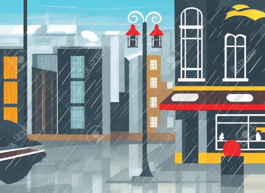 Rainy city. Vector flat cartoon illustration