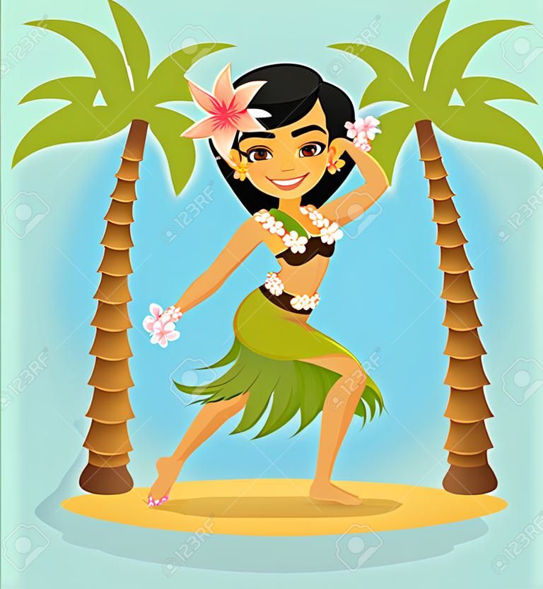 Hawaiian dancer girl. Vector flat cartoon illustration