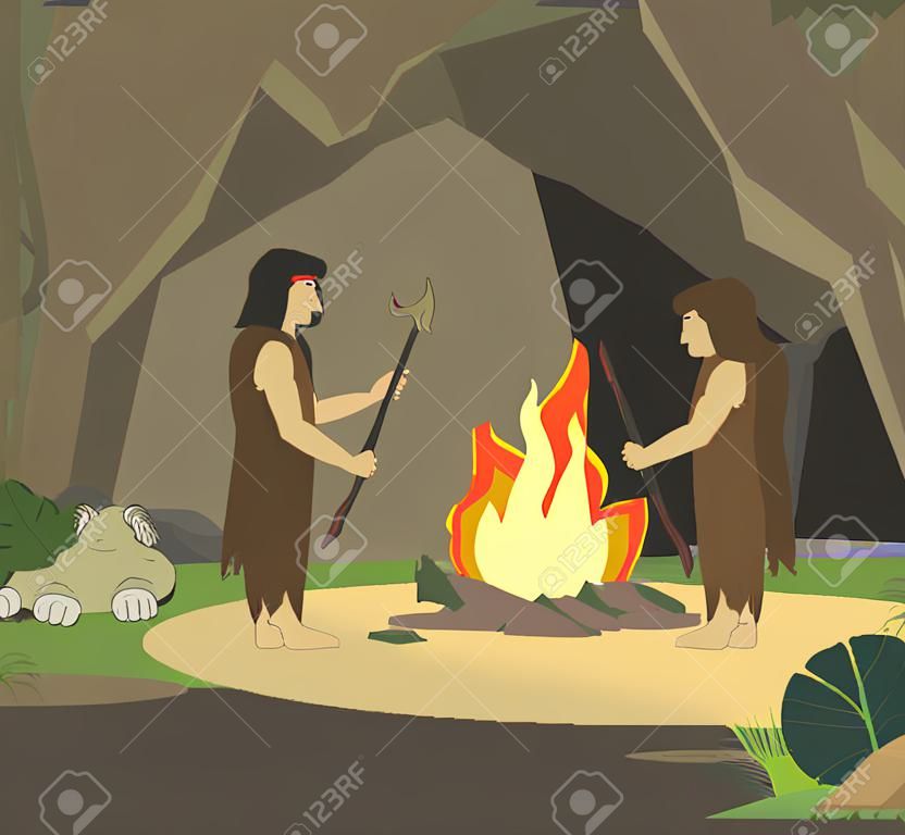 Cave people. Vector flat illustration