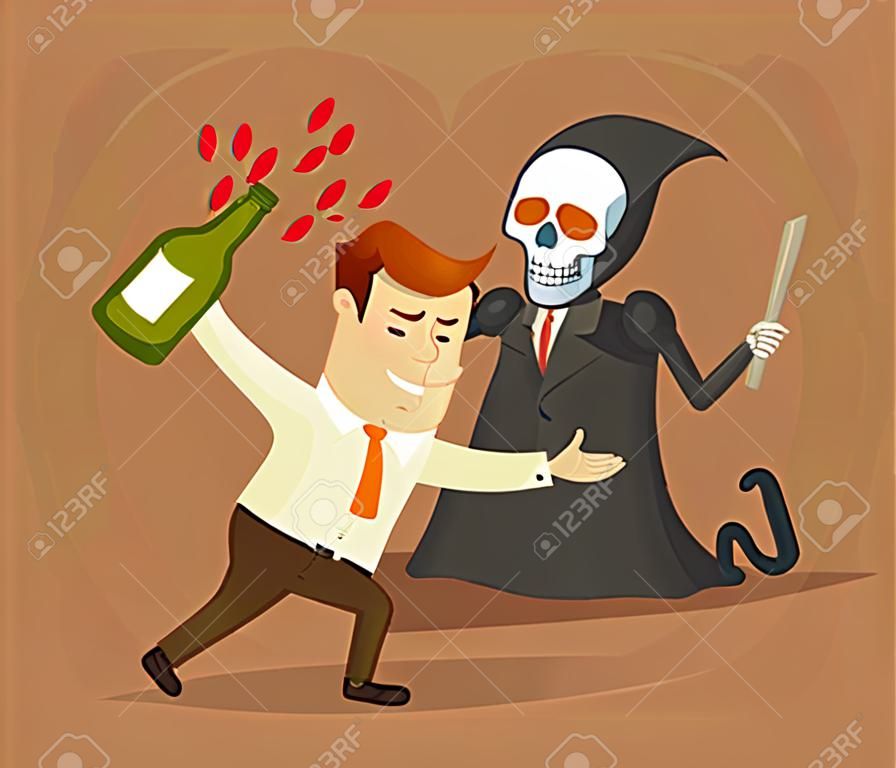 Empresário bêbado e personagens da morte. Ilustração plana do desenho animado do vetor