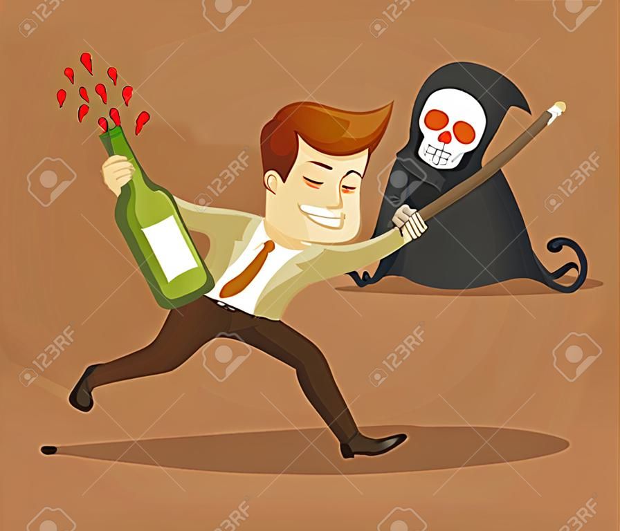 Drunk businessman and death characters. Vector flat cartoon illustration