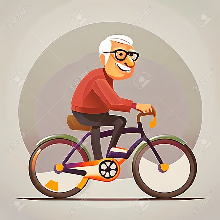 Grandfather character ride bike. Vector flat cartoon illustration