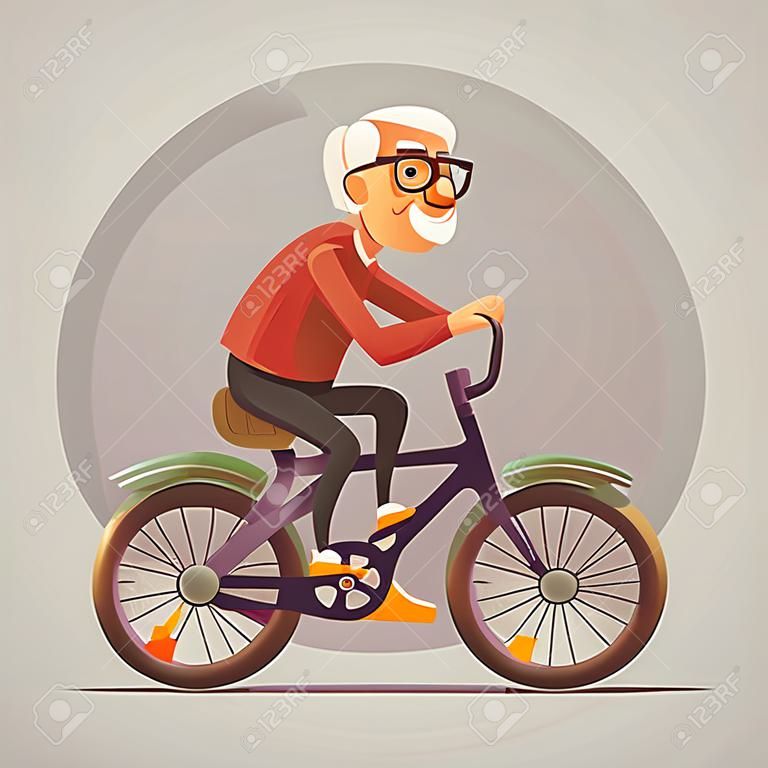 Nonno giro in carattere in bicicletta. Vector piatta cartone animato