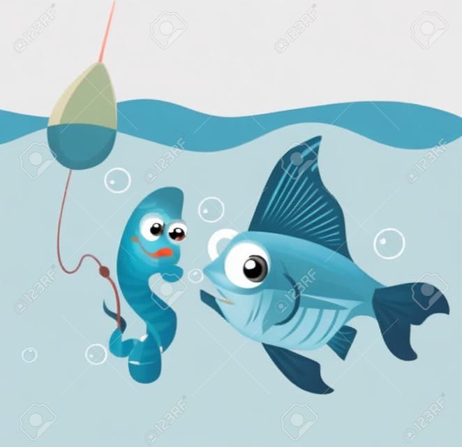 Fische und Wurmfiguren. Angeln. Vector flache Karikatur Illustration