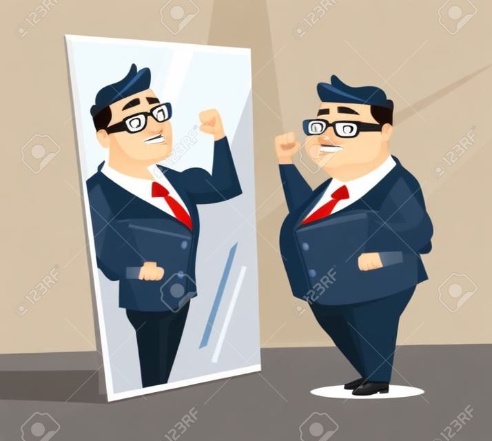 Fat man office worker character pretend to be strong man in mirror. Vector flat cartoon illustration