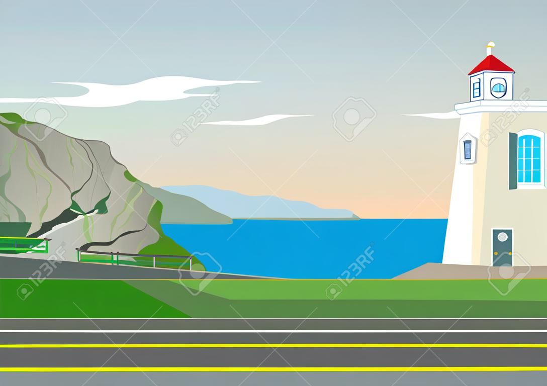 Green landscape with hills and sea. Asphalt among nature. Vector flat cartoon illustration