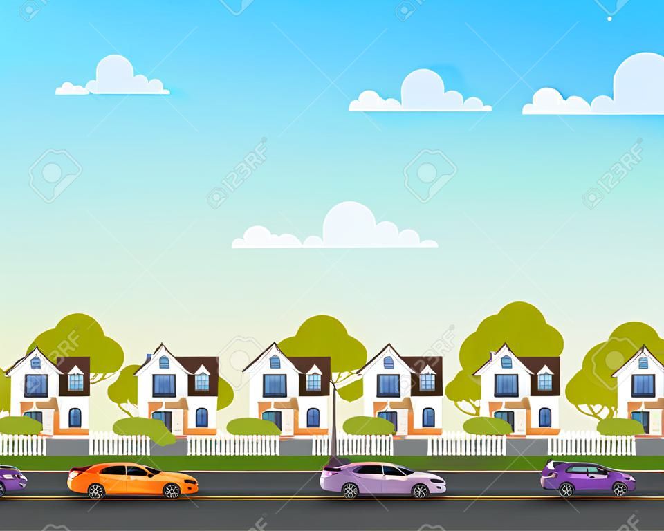 Concepto de pueblo de calle de casas. Ilustración de dibujos animados gráficos planos de diseño vectorial