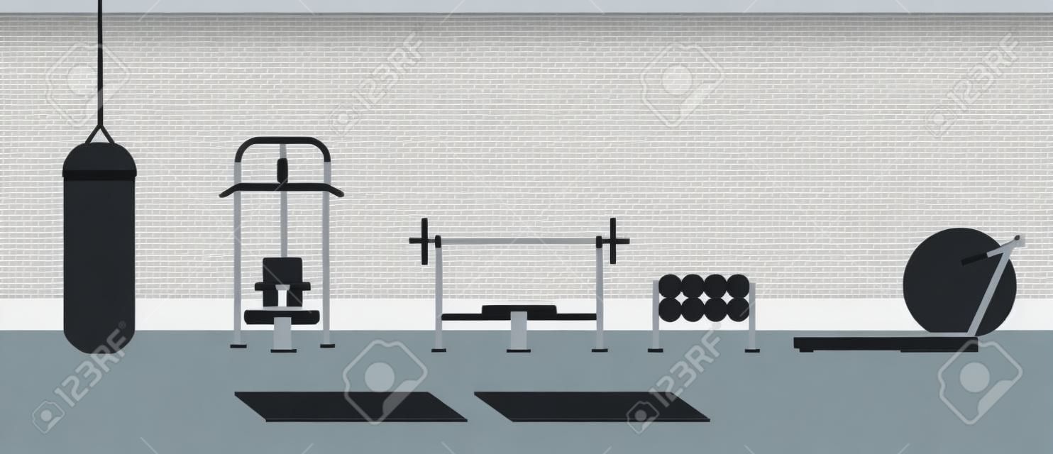 Concept de salle de sport moderne vide. Illustration de conception graphique de dessin animé plat de vecteur