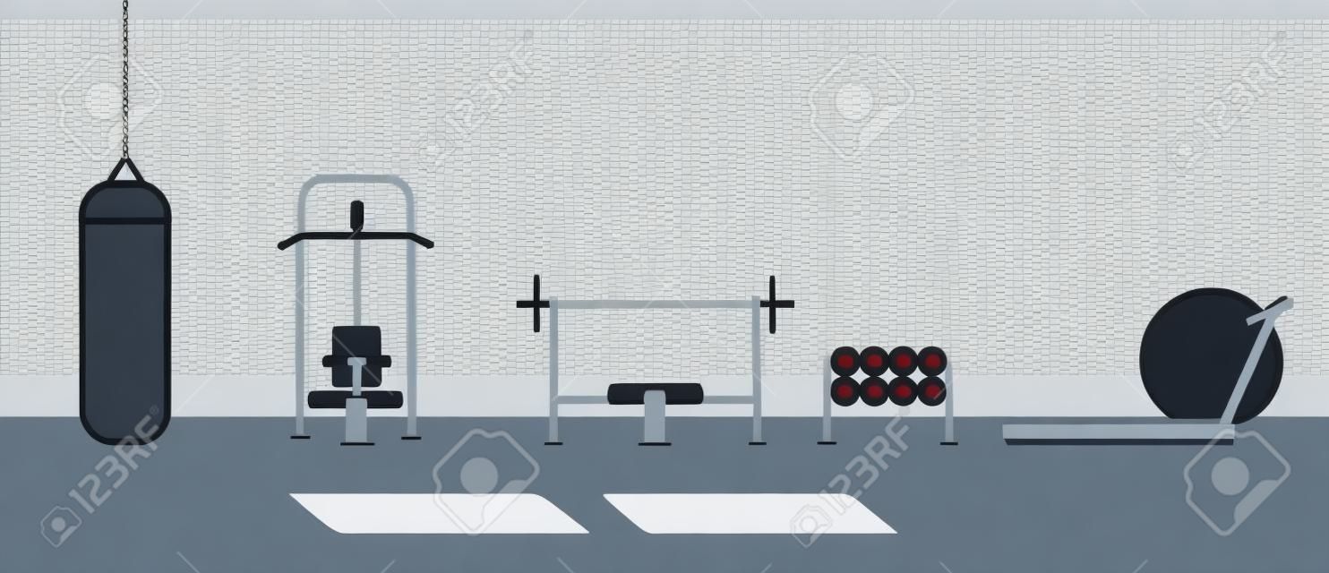 Concepto de gimnasio moderno vacío. Ilustración de diseño gráfico de dibujos animados plano de vector