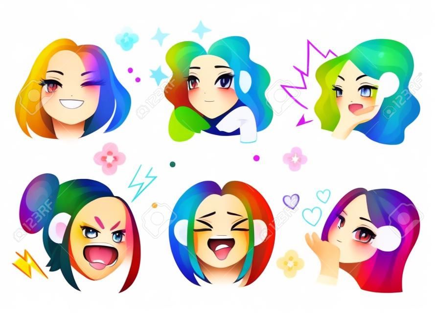 Anime girl face head emoji with different emotions expressions isolated on white background set. Vector flat cartoon graphic illustration