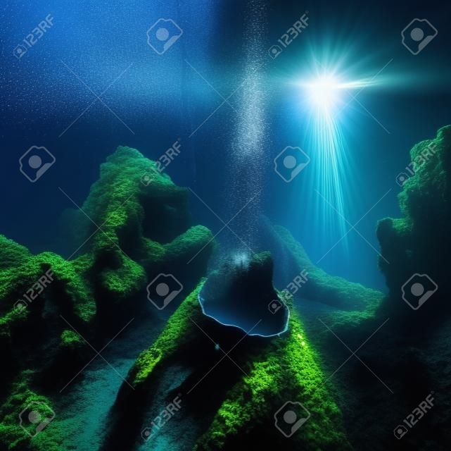 brightly illuminated artificial underwater volcano