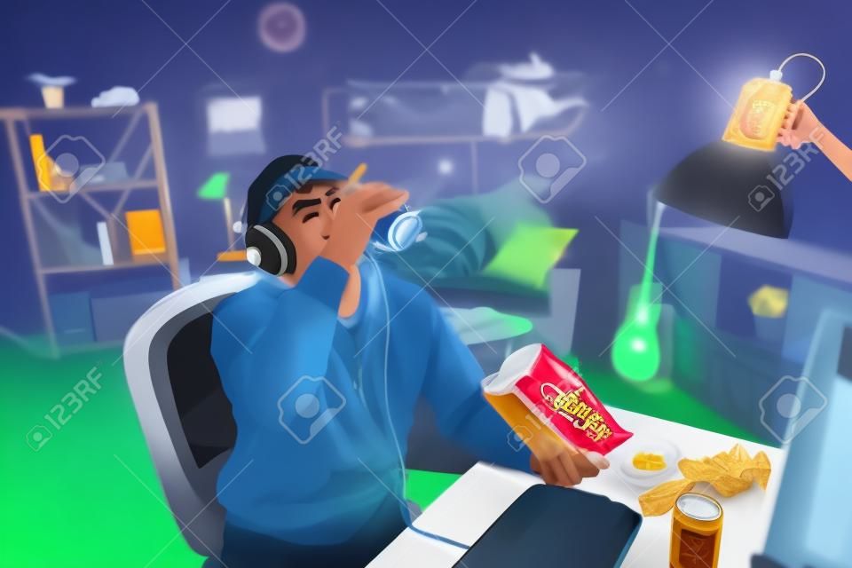 male student playing online game in messy dormitory eating pack of chips and drinking can of ice beer.