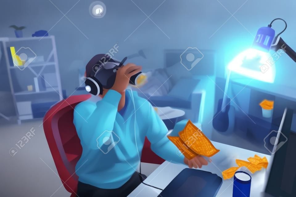 male student playing online game in messy dormitory eating pack of chips and drinking can of ice beer.