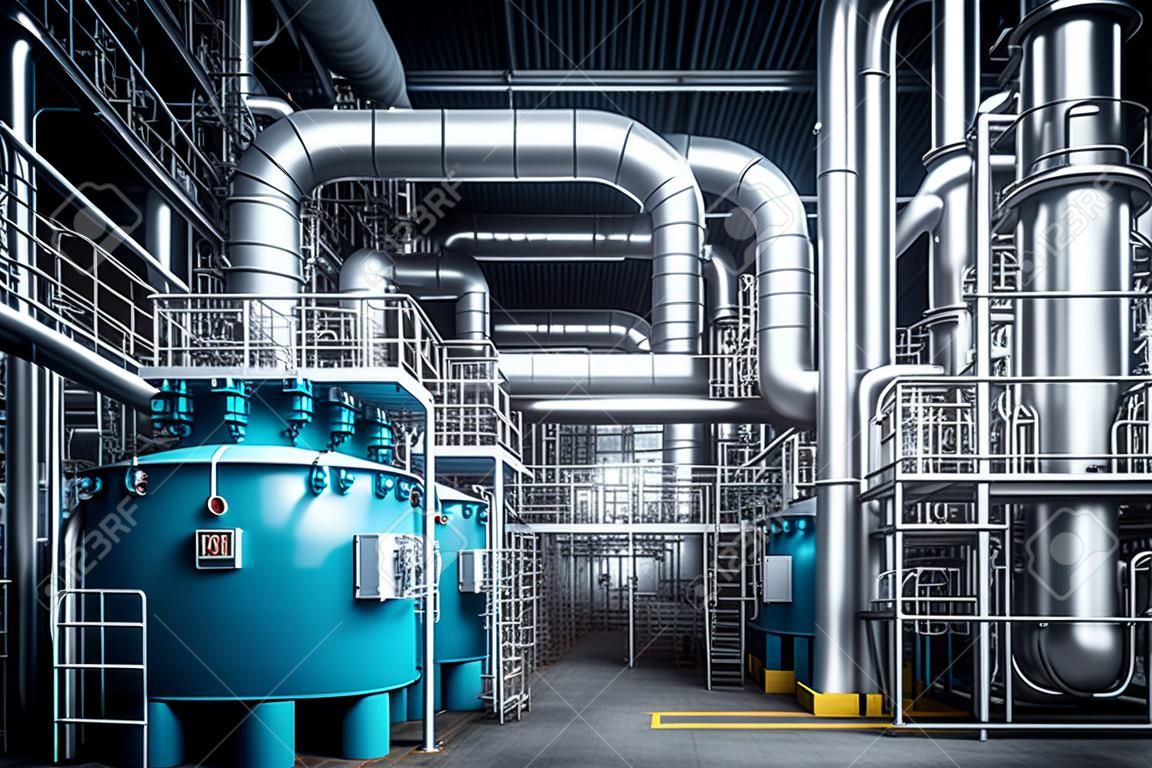 Salas de producción y sistema de tuberías en la fábrica de la industria petroquímica