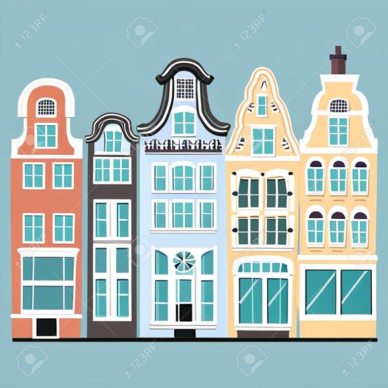 Set di 3 vecchie facciate a cartone animato di Amsterdam. Architettura tradizionale dei Paesi Bassi. Illustrazioni colorate piatte isolate nello stile olandese.