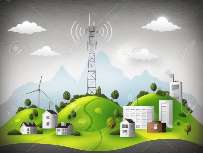 Torre celular de transmissão na paisagem. Conexão de sinal de rádio sem fio com casas e edifícios através de obstáculos. Torre de comunicações móveis com antenas de comunicação por satélite.