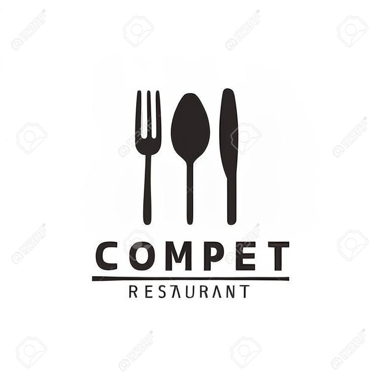 Food vector logo with fork, knife and spoon. Isolated sign. Cutlery under the line with company or restaurant name