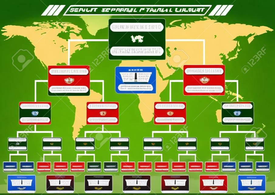 Sport fixture and result template for final round 32 teams knockout competition and world map background. Vector EPS10
