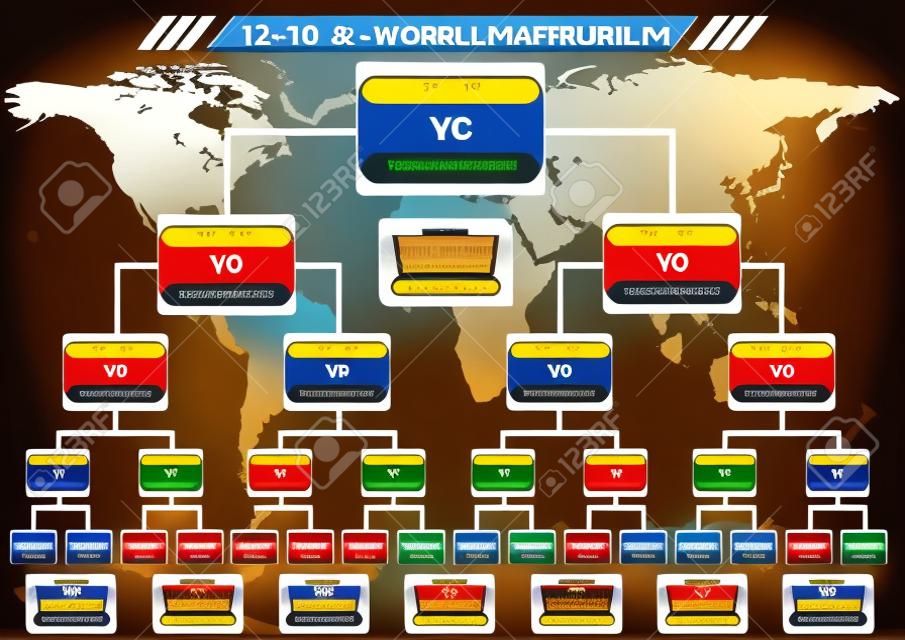 Sport fixture and result template for final round 32 teams knockout competition and world map background. Vector EPS10