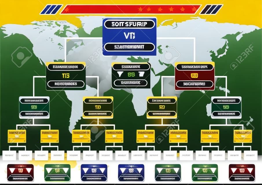 Sport fixture and result template for final round 128 teams knockout  competition and world map background. Vector EPS10 Stock Vector