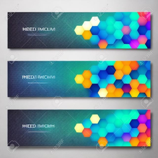 Set of vector banners and headers for site with medical background and hexagons pattern. Abstract geometric texture. Modern design for decoration website and other ideas