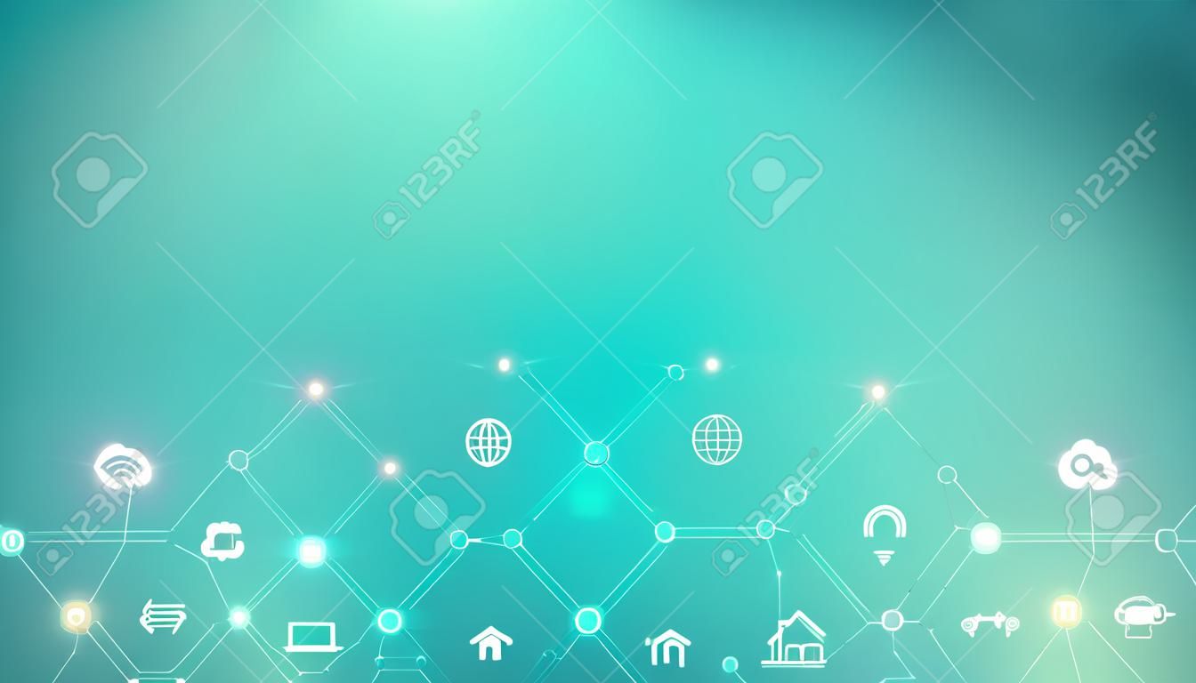 Technology background with flat icons and symbols. Concept and idea for internet of things, communication, network, innovation technology, system integration. Vector illustration