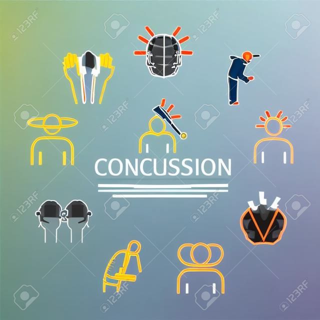 Concussion banner. Symptoms, Treatment. Line icons set. Vector signs for web graphics.