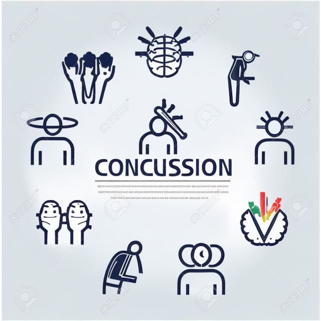Concussion banner. Symptoms, Treatment. Line icons set. Vector signs for web graphics.
