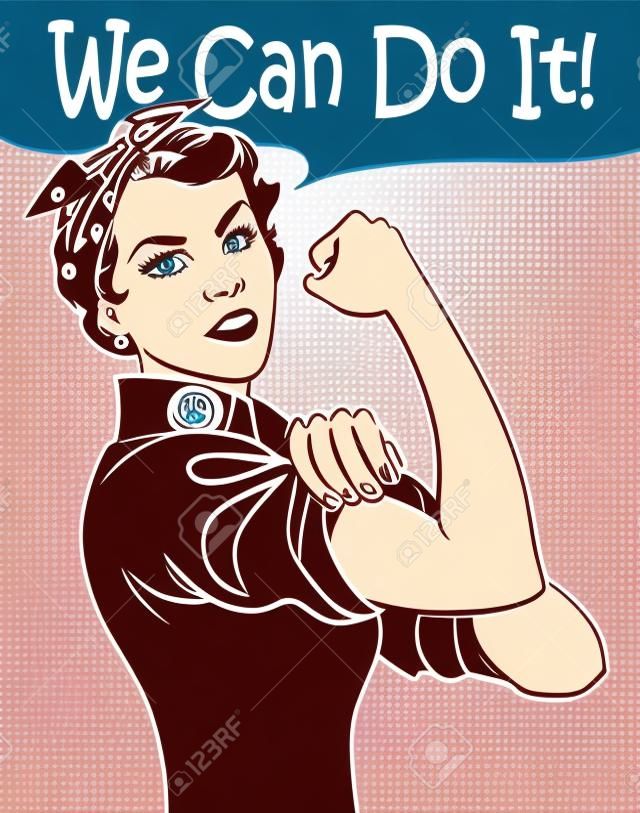 我們可以做到這一點。酷矢量標誌性的女人的拳頭女性電力和工業的象徵。卡通女人可以做的態度。