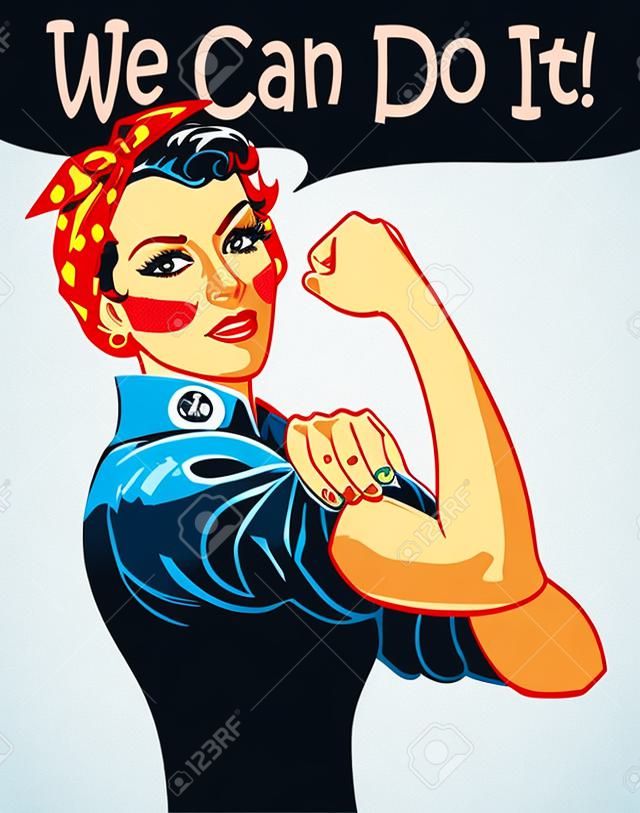 Мы можем сделать это. Прохладный вектор знаковых женщины кулак символ женской силы и промышленности. мультфильм женщина с может сделать отношение.