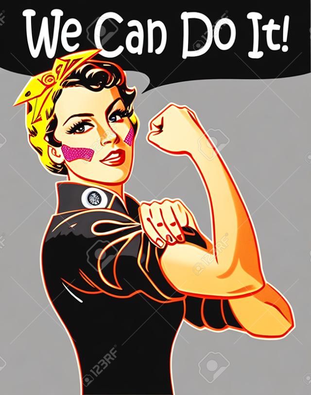 我們可以做到這一點。酷矢量標誌性的女人的拳頭女性電力和工業的象徵。卡通女人可以做的態度。