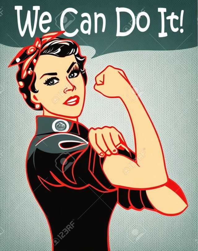 Podemos hacerlo. Vector fresco símbolo del puño de la mujer icónica del poder femenino y la industria. mujer de la historieta con actitud puede hacer.