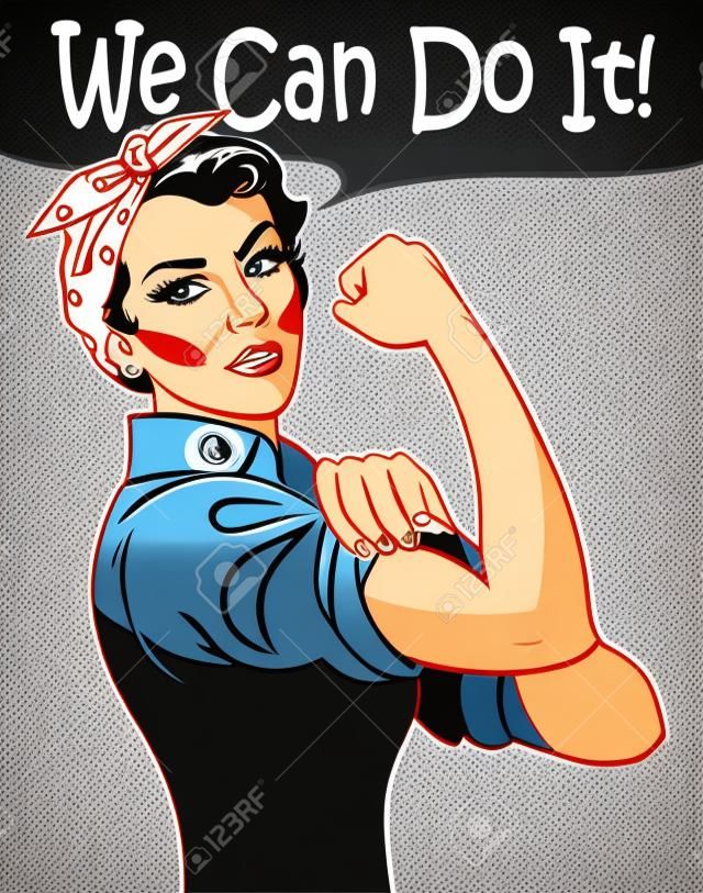 Podemos hacerlo. Vector fresco símbolo del puño de la mujer icónica del poder femenino y la industria. mujer de la historieta con actitud puede hacer.