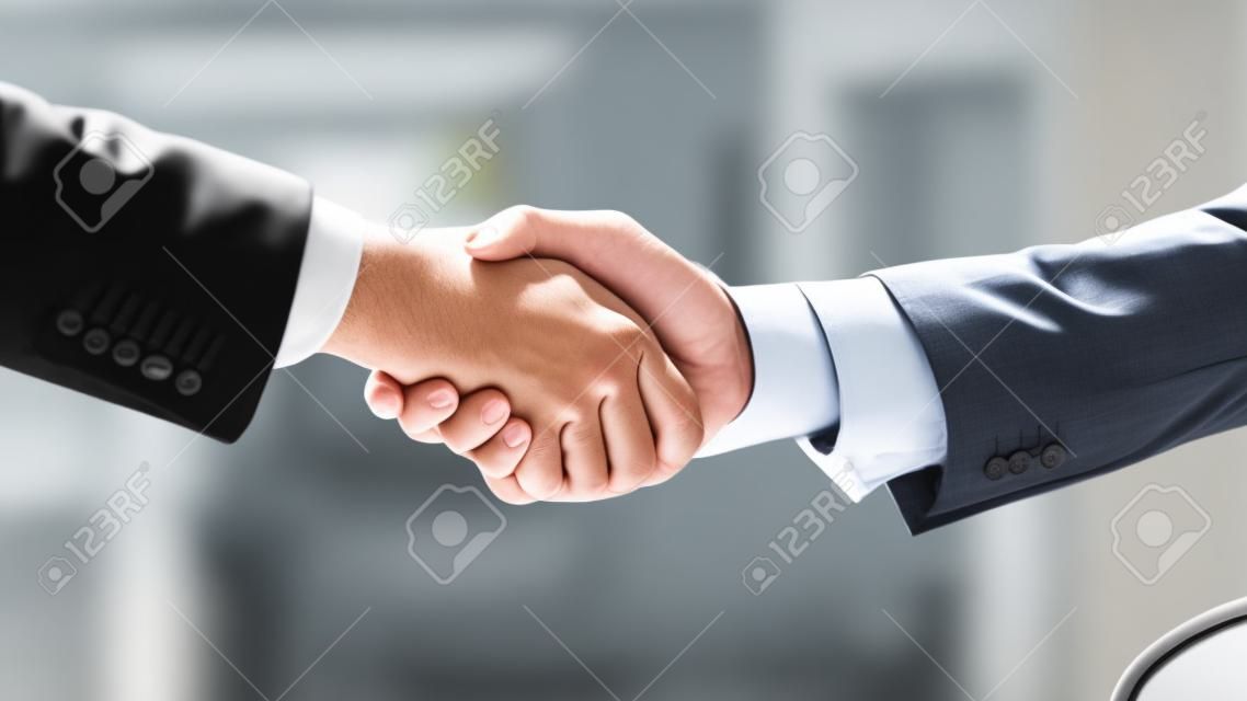 Close up businessman shaking hands with caucasian client.