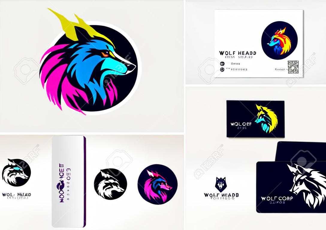 colorful wolf head logo design inspiration and business cards