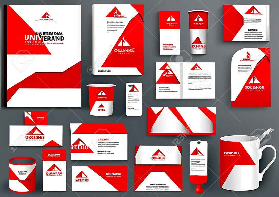 專業通用的紅色品牌設計套件與摺紙元素。企業形象模板，經營文具模擬為房地產公司。可編輯的矢量插圖：文件夾，馬克杯等。