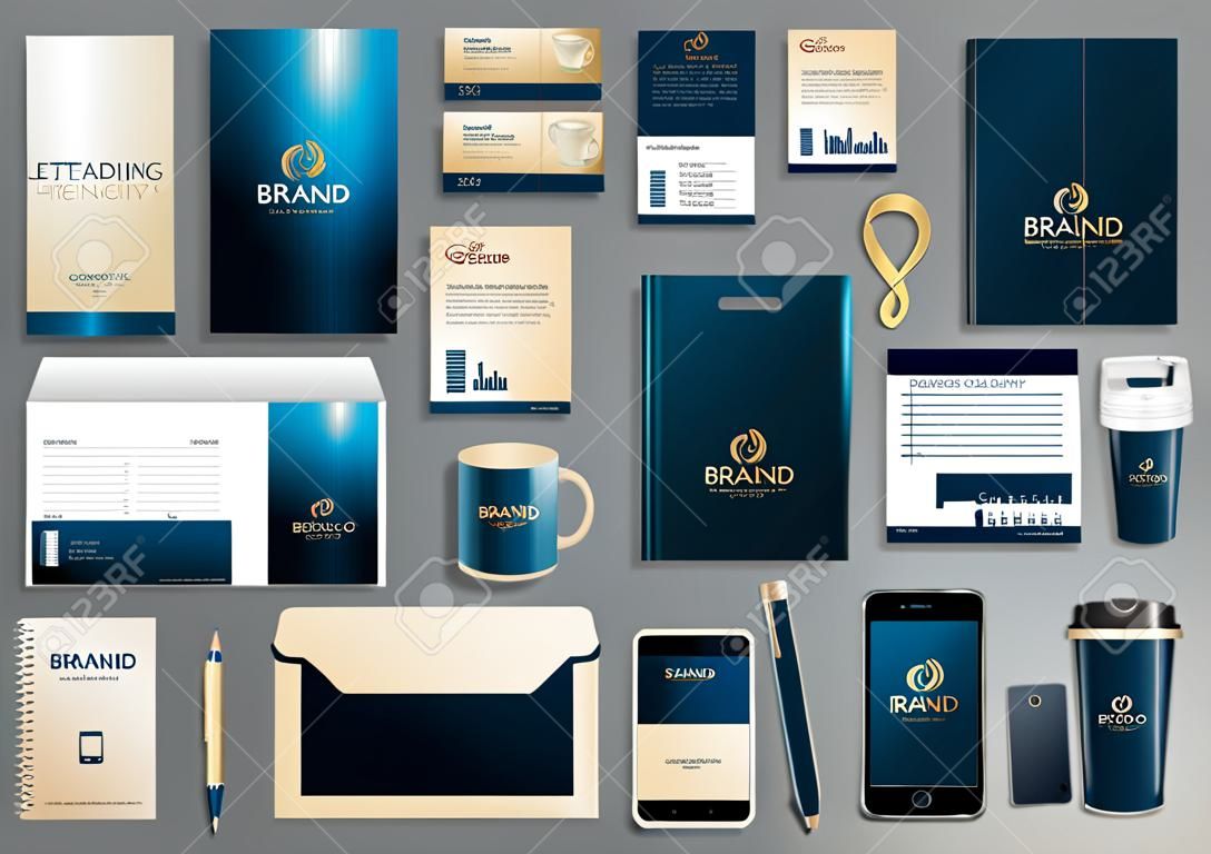 Corporate identity template. Branding design .  Letter envelope, card, catalog, pen, pencil, badge, paper cup, smartphone, letterhead, calendar