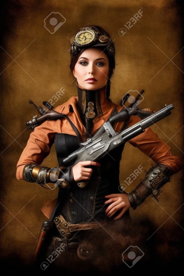 Портрет красивая женщина стимпанк держит пистолет над гранж фон.