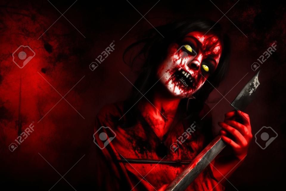 Scary chica zombie sangrienta con un hacha. Halloween.