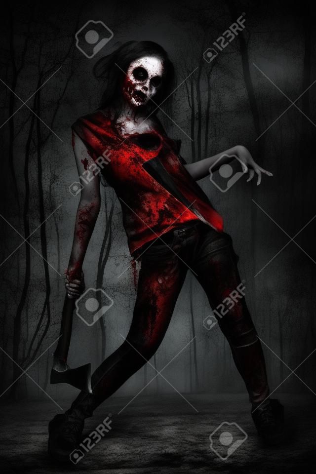 Страшно кровавая зомби девушка с топором. Хэллоуин.