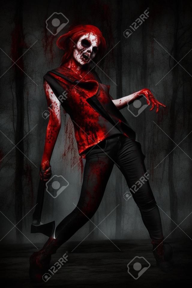 Scary blutigen Zombie-Mädchen mit einer Axt. Halloween.