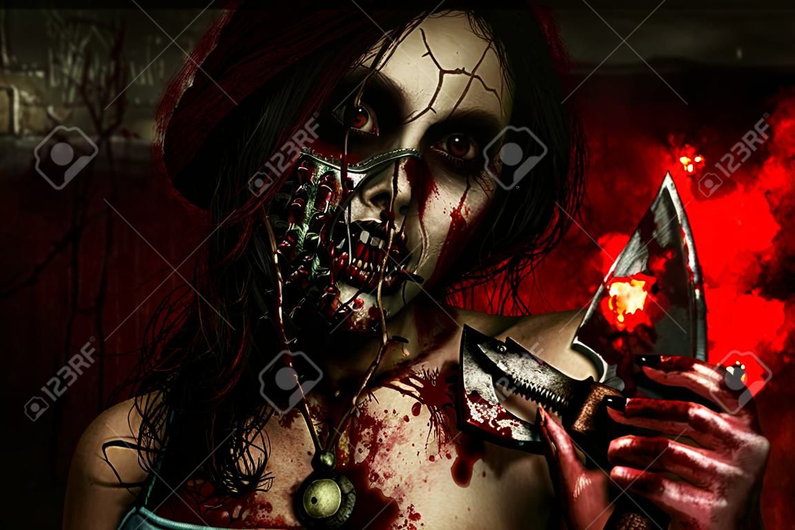 可怕的殭屍血腥的女孩用斧頭。萬聖節。