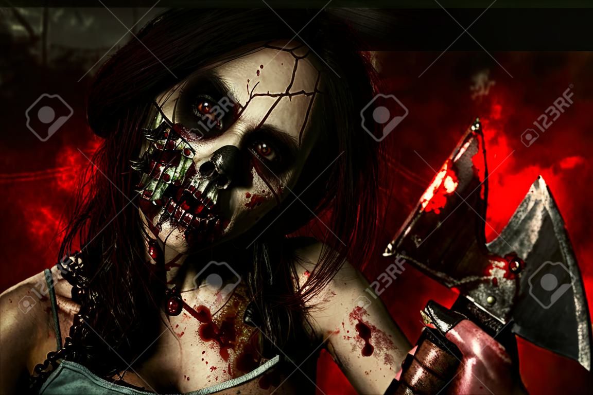Ragazza spaventosa delle zombie sanguinosa con un'ascia. Halloween.
